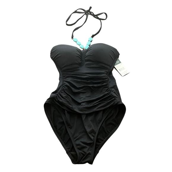 Ralph Lauren Ruched One Piece Black Swimsuit Size 4 - Picture 1 of 8